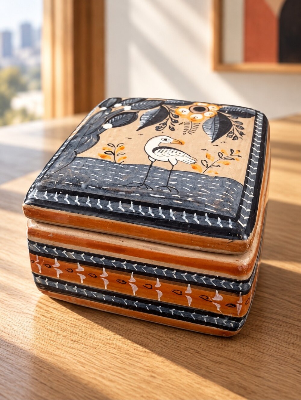 Jimón Tonalá Mexico Signed Pottery Bird Trinket Box Hand Painted Folk Art